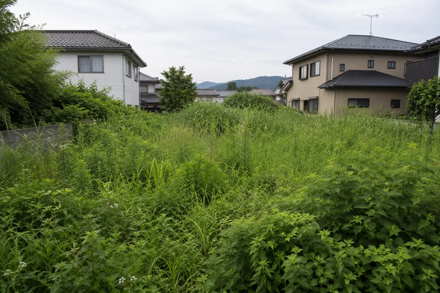 作業前の空き地。雑草が伸びて地面が見えない状態