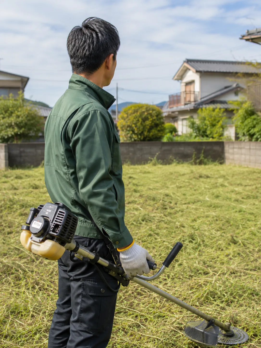 防護具を着用し空き地に立つ草防隊担当者の後ろ姿